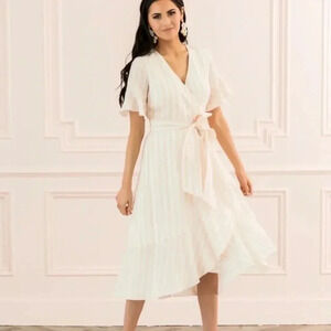 Rachel Parcell Linen Blend Wrap Dress Pink and White‎ Striped Ruffle Midi Small